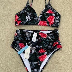 Cupshe Red Floral High Waisted Bikini